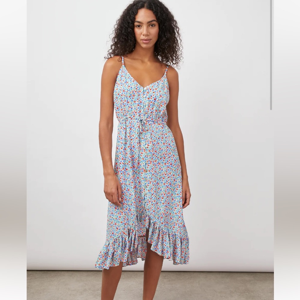 Rails Light Blue Floral Tie-Waist Midi Dress with Red and Pink Flowers